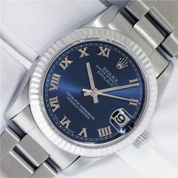 Rolex Ladies Midsize Stainless Steel Blue Roman Datejust Wristwatch