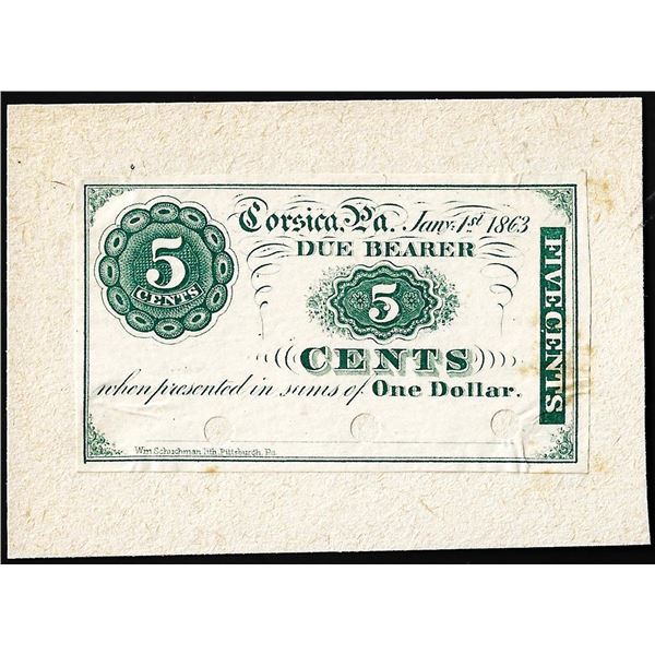 January 1, 1863 Five Cents Corisca, Pennsylvania Obsolete Scrip Note