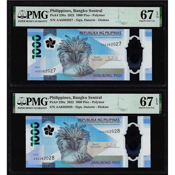 (2) Consecutive 2022 Philippines 1000 Piso Notes PMG Superb Gem Uncirculated 67EPQ