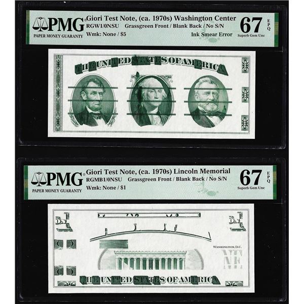 Set of Giori Test Note Washington & Lincoln Memorial PMG Superb Gem Unc 67EPQ