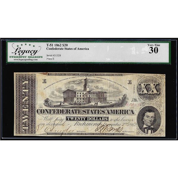 1862 $20 Confederate States of America Note T-51 Legacy Very Fine 30