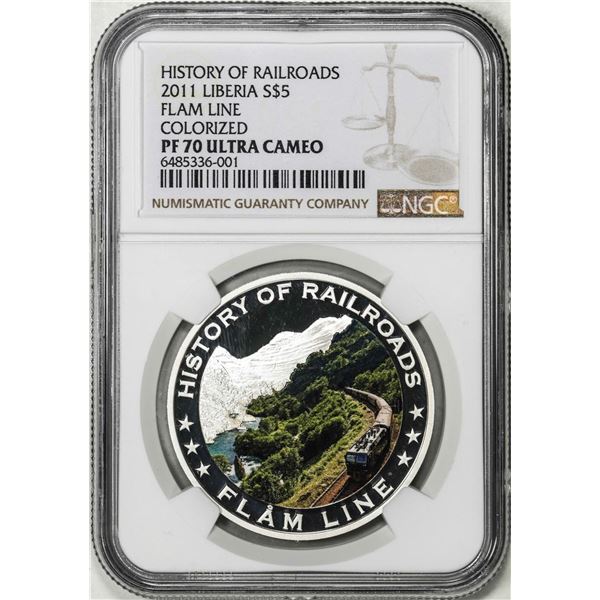 2011 Liberia $5 History of Railroads Flam Line Silver Coin NGC PF70 Ultra Cameo