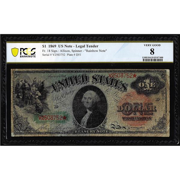 1869 $1 Rainbow Legal Tender Note Fr.18 PCGS Very Good 8