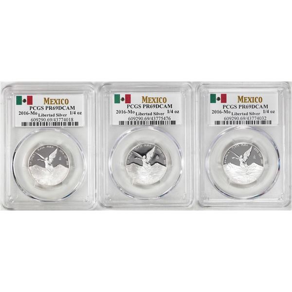 Lot of (3) 2016-Mo Mexico Proof 1/4 oz Silver Libertad Coins PCGS PR69DCAM