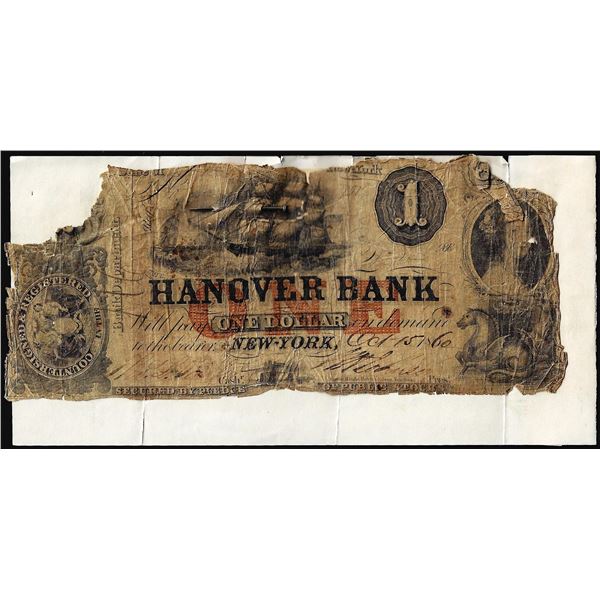 1860 $1 Hanover Bank New York, NY Obsolete Note on National Deposit Slip