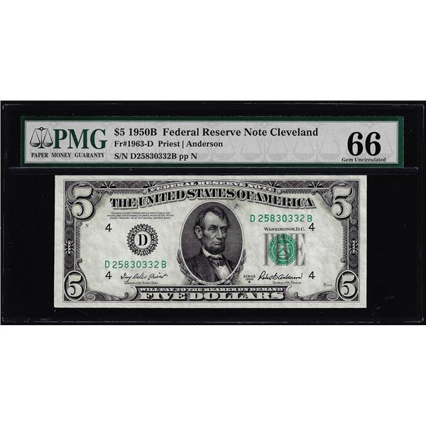 1950B $5 Federal Reserve Note Cleveland Fr.1963-D PMG Gem Uncirculated 66