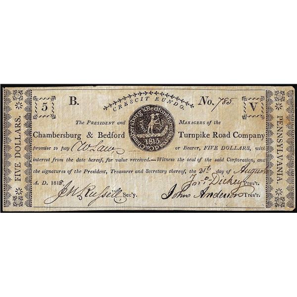 1818 $5 Chambersburg & Bedford Turnpike Road Company Pennsylvania Obsolete Note