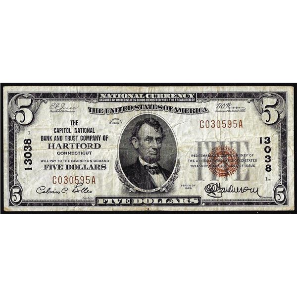 1929 $5 Capitol National Bank & Trust Hartford, CT CH# 13038 National Currency Note