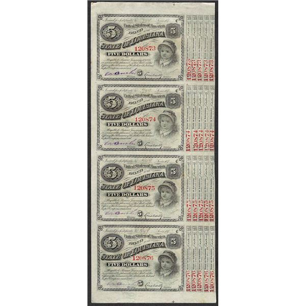 Uncut Sheet of (4) State of Louisiana Baby Bond Obsolete Notes