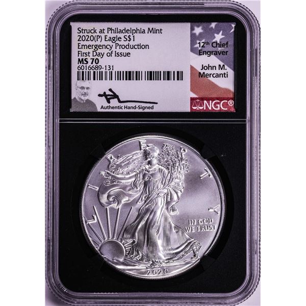 2020(P) Philadelphia $1 American Silver Eagle Coin NGC MS70 Mercanti Signed FDOI