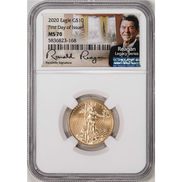 2020 $10 American Gold Eagle Coin NGC MS70 FDOI Reagan Legacy Series Signature