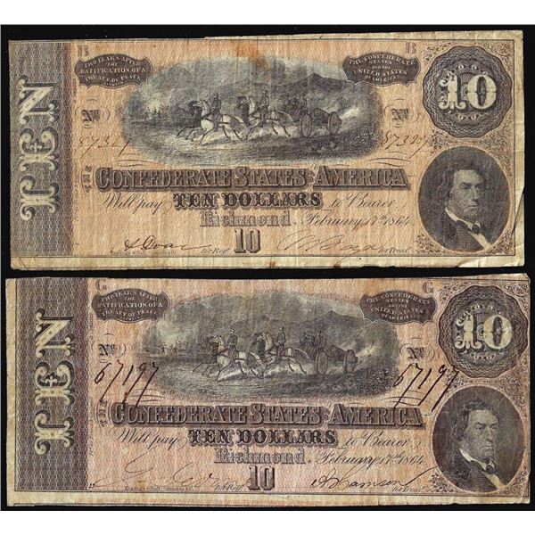 Lot of (2) 1864 $10 Confederate States of America Notes