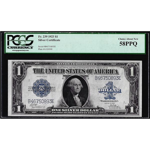 1923 $1 Silver Certificate Note Fr.239 PCGS Choice About New 58PPQ