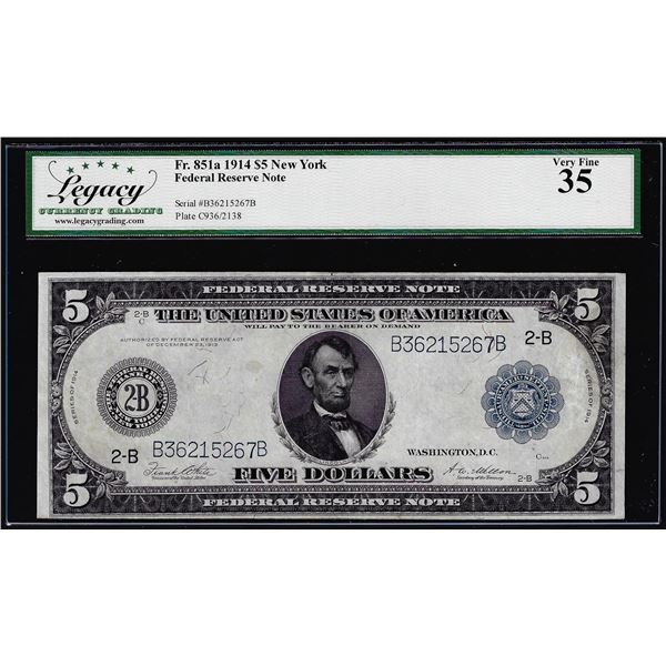 1914 $5 Federal Reserve Note New York Fr.851a Legacy Very Fine 35