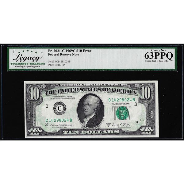 1969C $10 Federal Reserve Note Minor Back to Face Offset Error Legacy Ch New 63PPQ