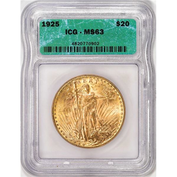 1925 $20 St. Gaudens Double Eagle Gold Coin ICG MS63