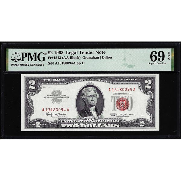 1963 $2 Legal Tender Note Fr.1513 PMG Superb Gem Uncirculated 69EPQ