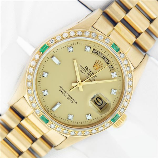 Rolex Mens 18K Yellow Gold Emerald and Diamond Day Date President Wristwatch