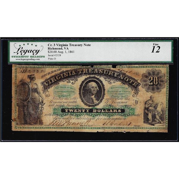 1861 $1 Virginia Treasury Note Richmond, VA Obsolete Note Legacy Fine 12