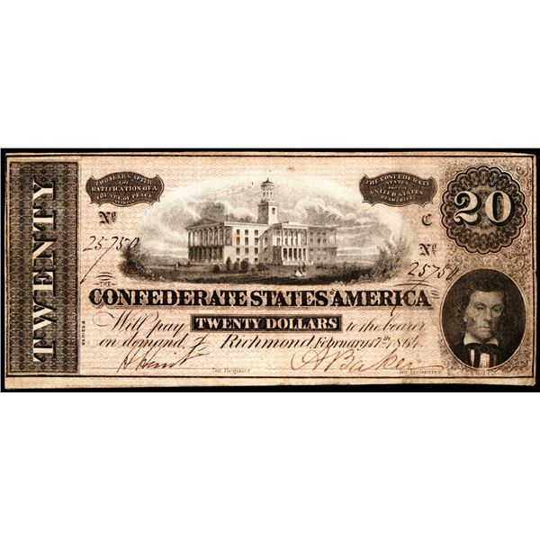 1864 $20 Confederate States of America Note