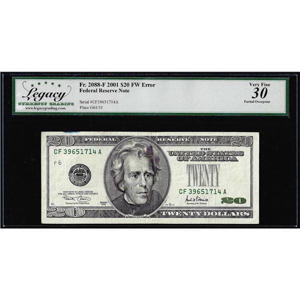 2001 $20 Federal Reserve Note Partial Overprint Error Fr. 2088-F Legacy Very Fine 30