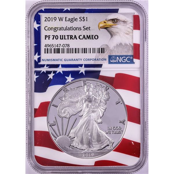 2019-W $1 Proof American Silver Eagle Coin NGC PF70 Ultra Cameo Congratulations Flag