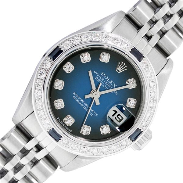 Rolex Ladies Stainless Steel Sapphire and Diamond Datejust Wristwatch