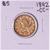 Image 1 : 1892-CC $5 Liberty Head Half Eagle Gold Coin