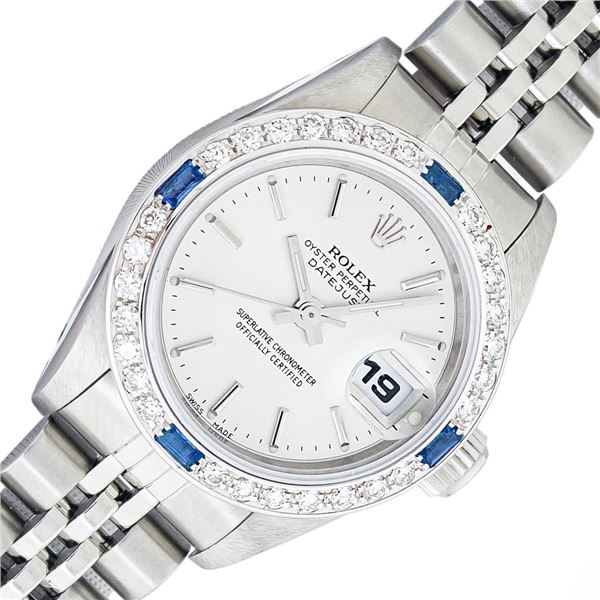 Rolex Ladies Stainless Steel Silver Index Sapphire and Diamond Datejust Wristwatch