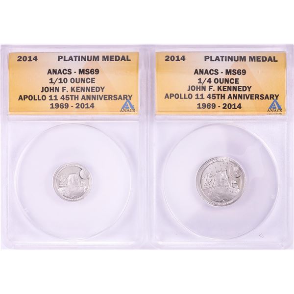 Set of 2014 Proof 1/10 & 1/4 oz Platinum JFK Apollo 11 Anniversary Medals ANACS MS69