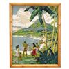 Image 1 : STUNNING 1940s HAWAIIAN LINOLEUM BLOCK OF FISHERMAN RETURNING WITH THEIR CATCH.