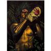 Image 2 : PAINTING OF WARRIOR BLOWING CONCH ON VELVET BY DON MCGUIRE.