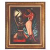 Image 1 : MID CENTURY STYLIZED PAINTING OF MUSICAL POLYNESIAN COUPLE FROM THE WAIKIKIAN HOTEL LOBBY.