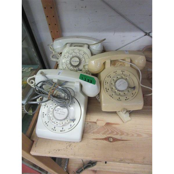 3 Vintage Rotary Dial Telephones - 1 Yellow & 2 White