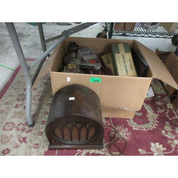 Vintage Cathedral Speaker & Box of Collectibles
