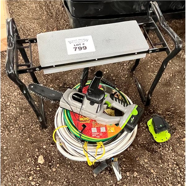 Garden bench, Hose & Electric Chain saw