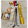 Image 1 : Surfer Board, Rubber Bocce Balls, Lawn Darts, Vintage Left Handed Golf Clubs With Wood Driver