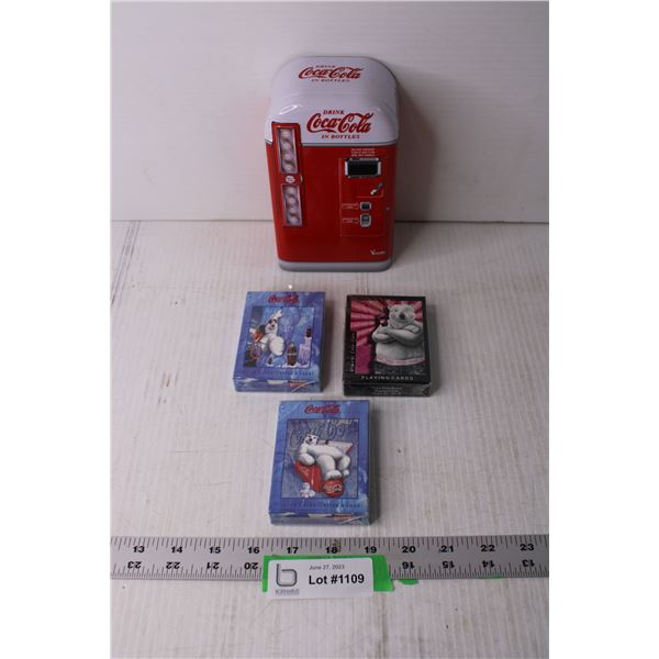 Coca Cola Tin Fridge Container and Playing Cards