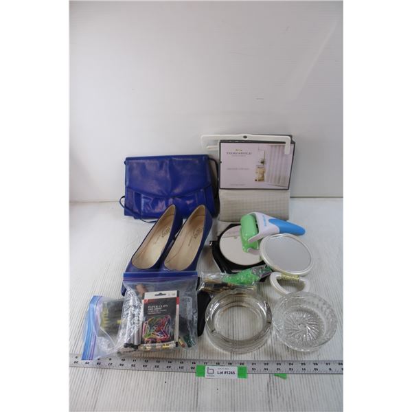 Assorted Items - Women's Shoes, Purse, Shower Curtain