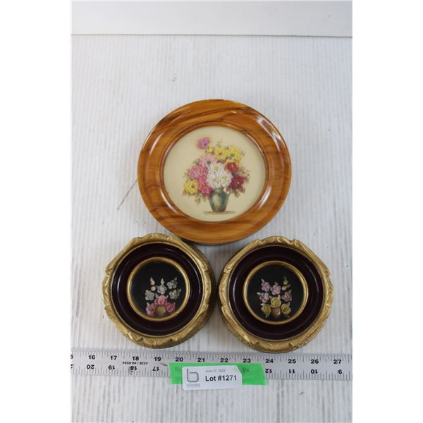 (3) Framed Pieces of Sea Shell Art - 5" Diameter and 7 1/4" Diameter