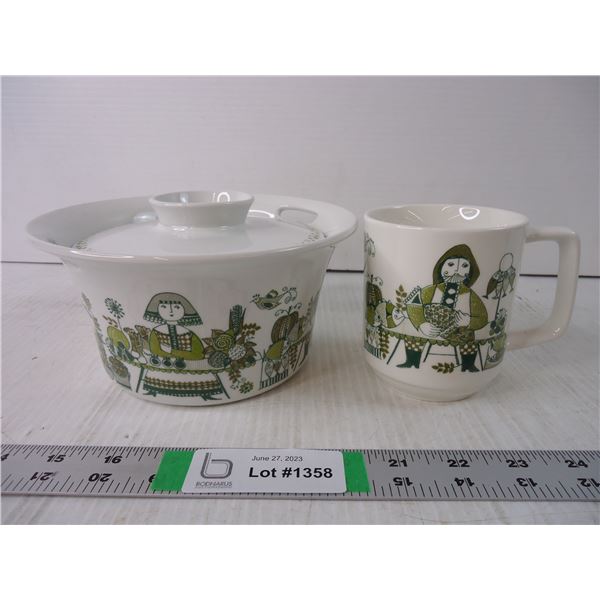 Vintage Turi Design Green Market Norway Casserole Dish with Cover and Coffee Mug