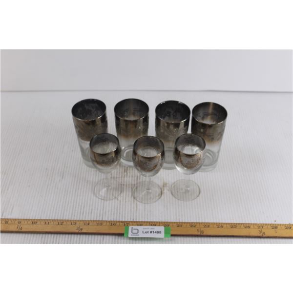 (6) Viteon Queens Lusterware Silver Ombre Highball Glasses with (3) Wine Glasses