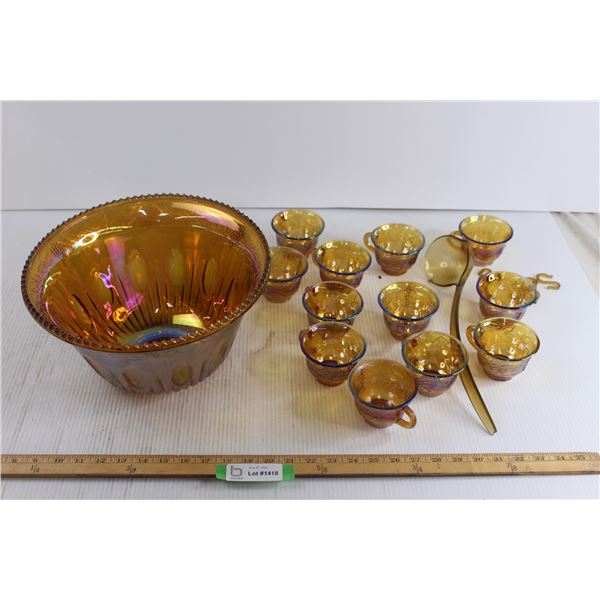 Vintage Indiana Carnival Glass Marigold Iridescent Punch Bowl with (12) Cups and Ladle