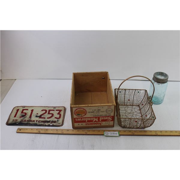 Small Fruit Box + Metal Basket + Glass Jar + Saskatchewan License Plate