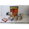 Image 1 : Australia Book & Key Chain Set - (6) Tin Can Banks - Lamp (untested) - Mug - Sm Coffee Grinder