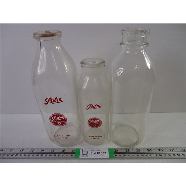 (3) Vintage Milk Bottles-(2) Palm and (1) unmarked