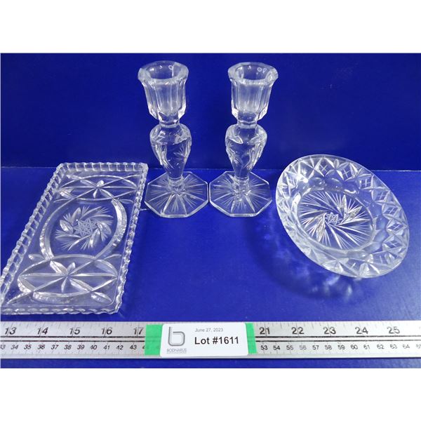 Pair of Crystal Candle Holders and (2) Small Trays