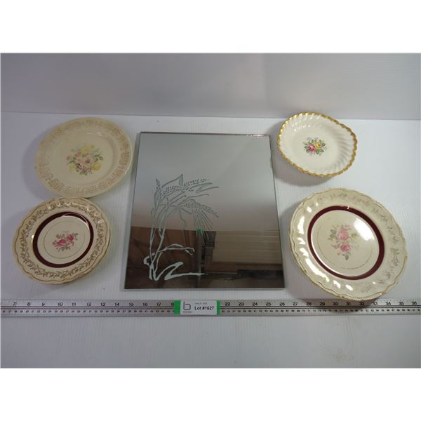 Mirror and Assorted Vintage Dishware