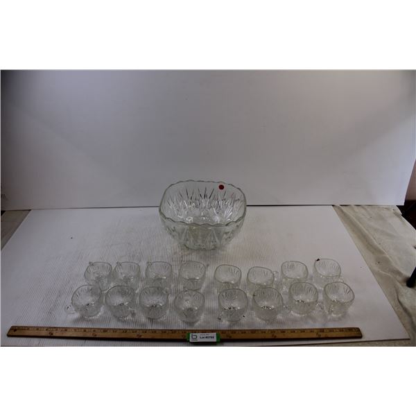 Glass Punch Bowl + (16) Glass Cups