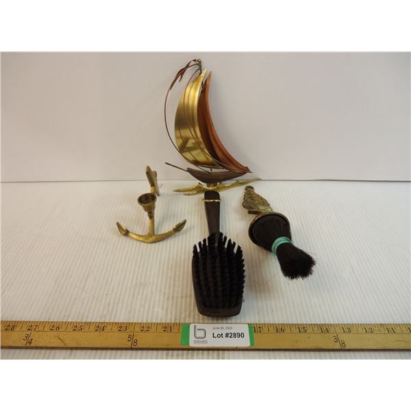 Nautical Brass/Copper Ship, Brush, Candle Holder and Clothes Brush